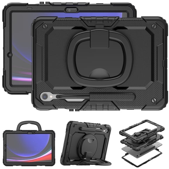 For Samsung Galaxy Tab S10 FE/S9 FE/S9 Case 11 inch, 360 Rotating Shockproof Cover with Stand, Handle, Shoulder Strap (SM-X520/X510/X710), Black