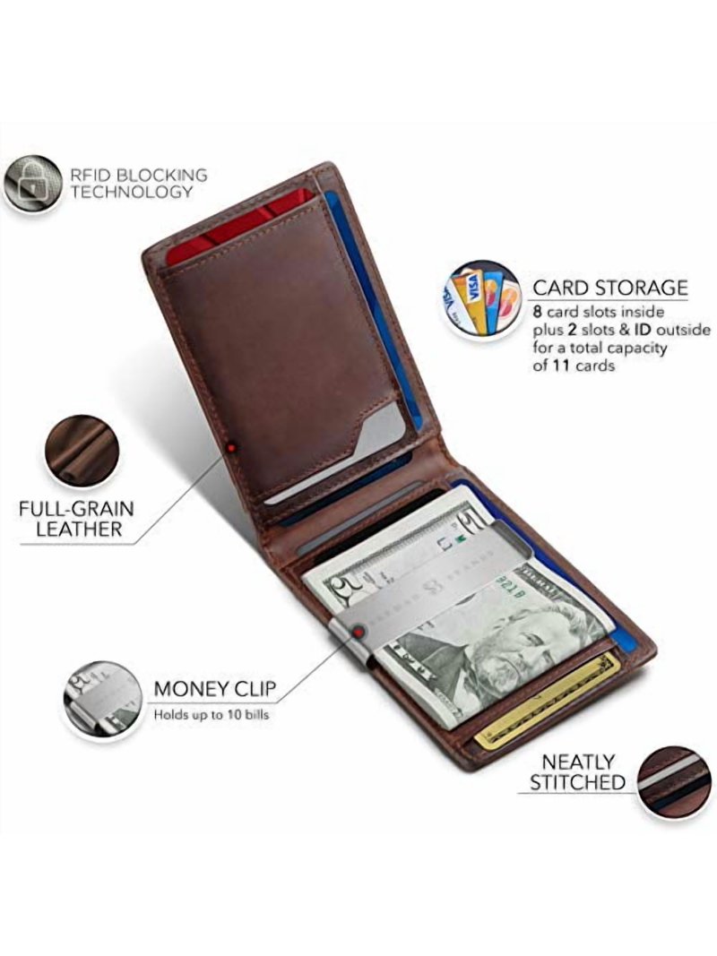 SERMAN BRANDS Slim RFID Blocking Wallet – Genuine Leather Bifold With ID Window, Texas Brown | Front Pocket Minimalist Wallet