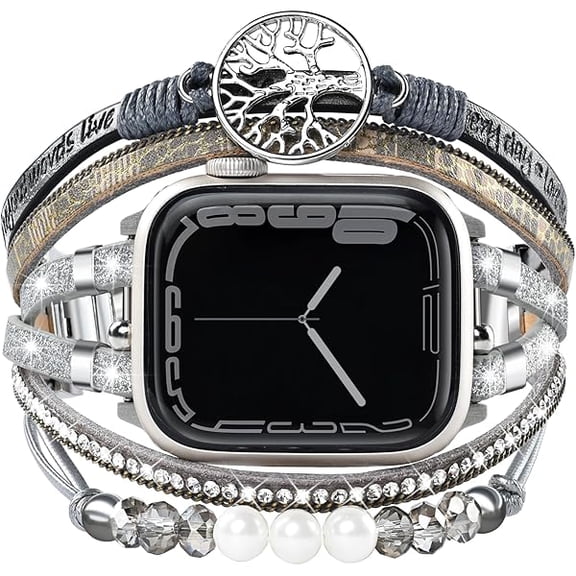 Boho Dressy Bracelet for Apple Watch Band 46mm 40mm 38mm 41mm 44mm 42mm 45mm 49mm Women, Elegant Handmade Beaded Leather Strap Accessories for iWatch Bands SE Series 11 10 9 8 7 6 5 4 3 2 1