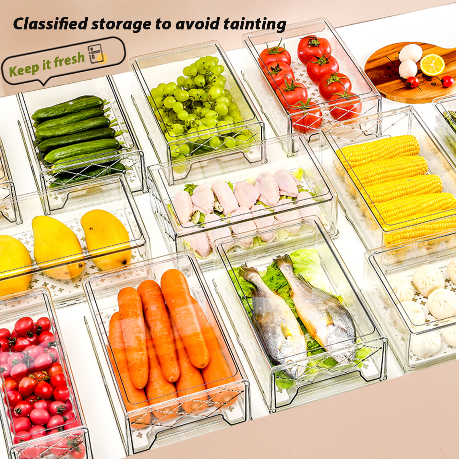 12-pack Clear Refrigerator Organizer Bins with Lids, Stackable Fridge  Organizers And Storage Clear Plastic Fruit Storage Containers for Fridge  with 4 Drain Trays (12pack) 