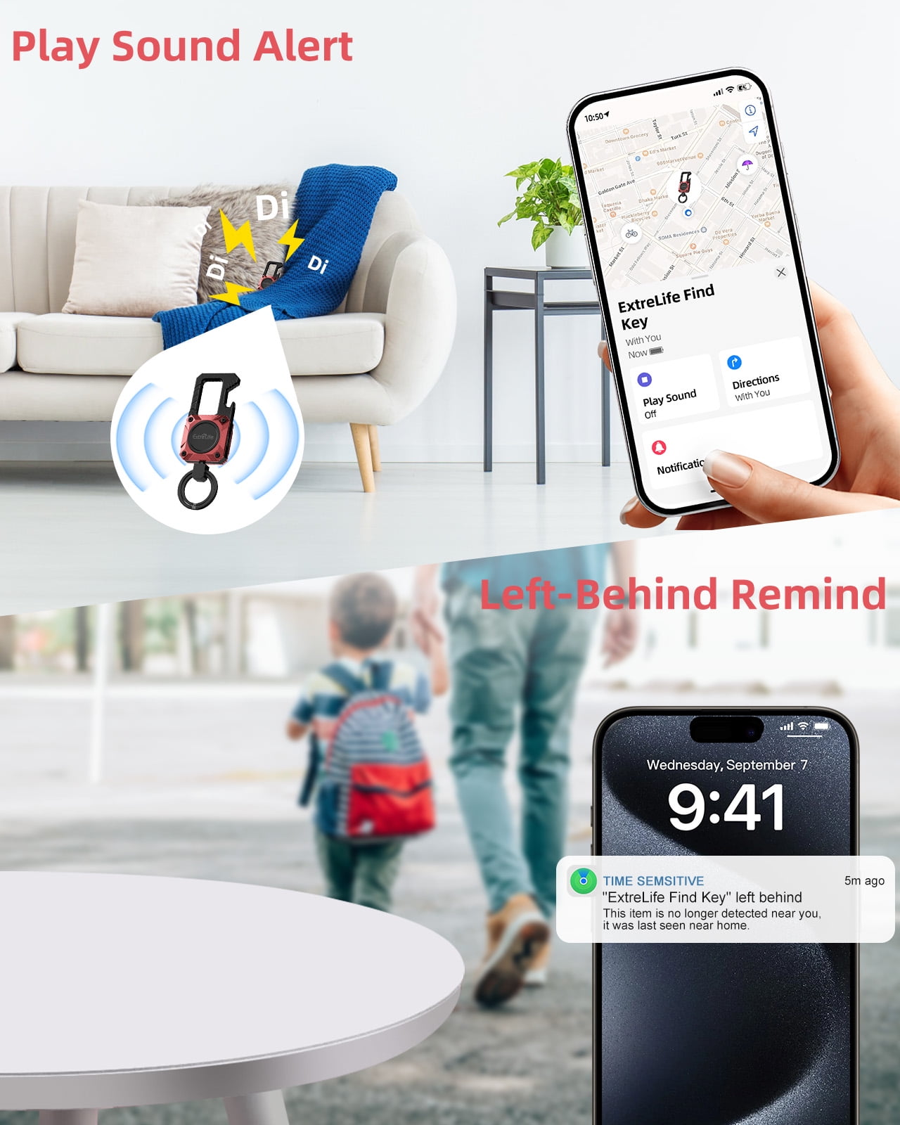 Extrelife Keychain Tracker, Men's Key Chain Words with Find My, Heavy Duty Keychain Carabiner Car Key Chains, Anti-Lost Tracker with Keyrings, Rechargeable & Waterproof