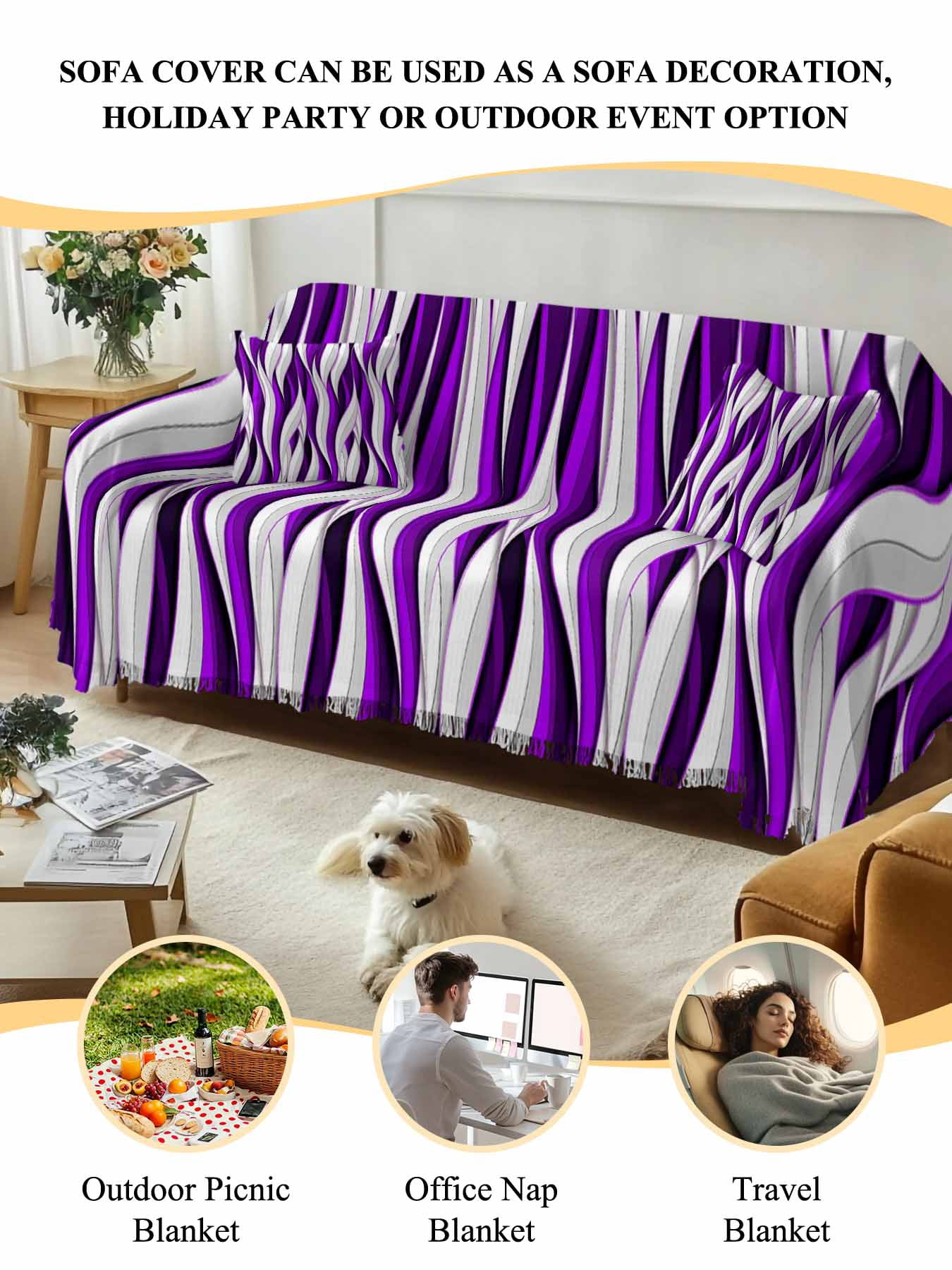 Purple White Moire Couch Cover, Modern Abstract Art Sofa Cover Blanket for 2 Seat Cushion,Sectional Sofa Slipcover Furniture Protector for Living Room Bedroom 71''x102''
