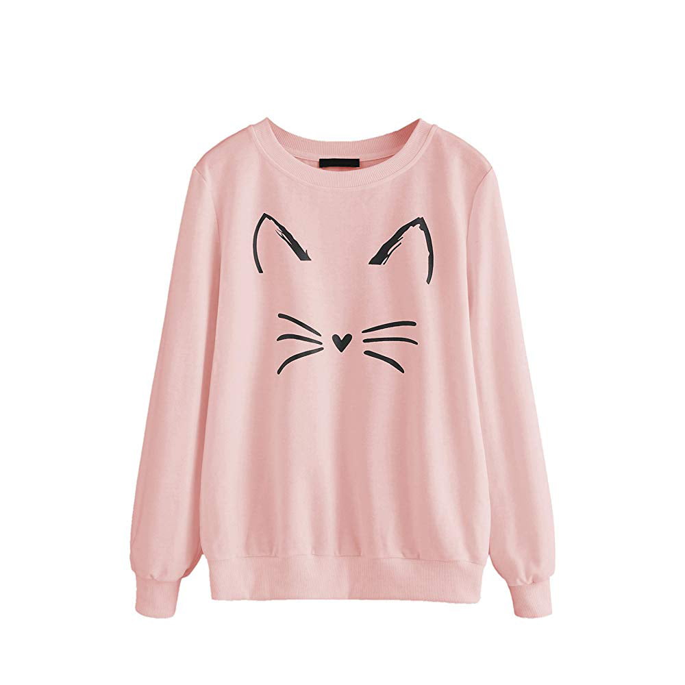 Women Autumn Winter Cat Printed Sweatshirt Pullover Cuekondy Round Neck Long Sleeve Blouse T-Shirt 