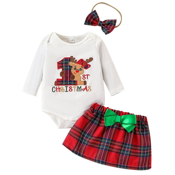 DHFJKG Suits Cute Baby Girl Fall Winter Outfit Long Sleeve Christmas Romper Plaid Bow Dress Set Headband 3 Piece Clothes O-Neck Cute Outfit