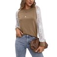 thumbnail image 1 of Blusa de encaje Mujer Mujer Manga larga Cuello redondo Casual Camiseta holgada Manga de encaje Top Caqui XL, 1 of 8
