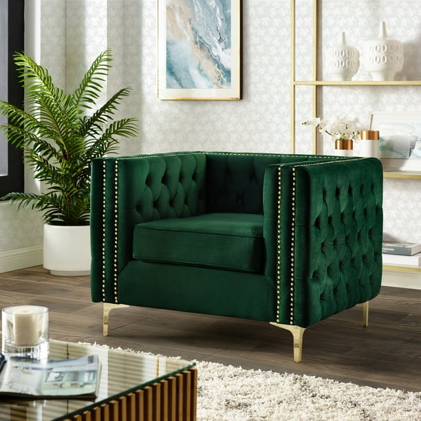 Inspired Home Sania Velvet Club Chair Tufted Nailhead Trim Gold Legs, Hunter Green Walmart