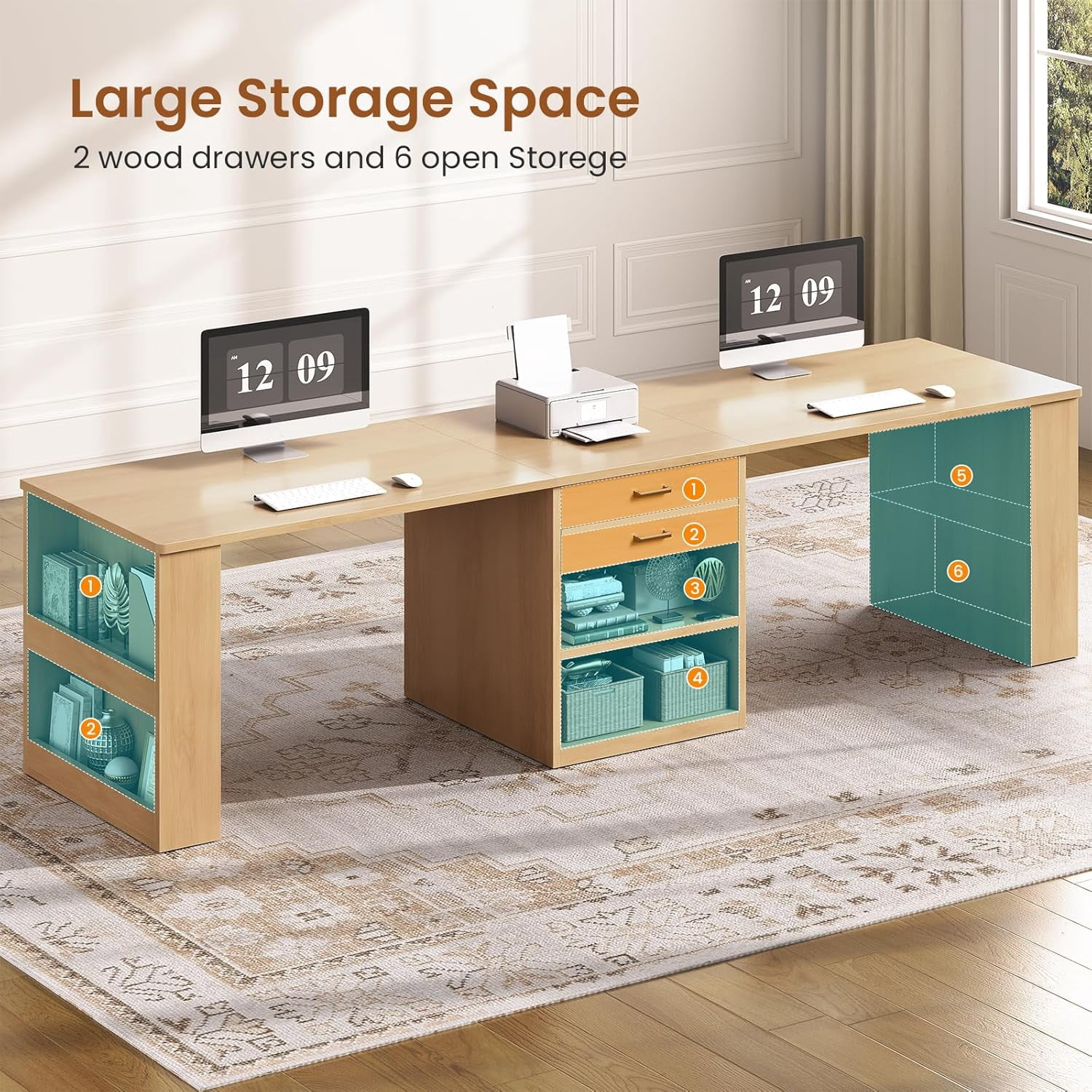 SEDETA Two Person Desk with Drawers, 90 Inch Long Computer Desk with Storage Shelves, Wooden Desk, Double Gaming Desk, Writing Table with Storage for Home Office, Oak Wood