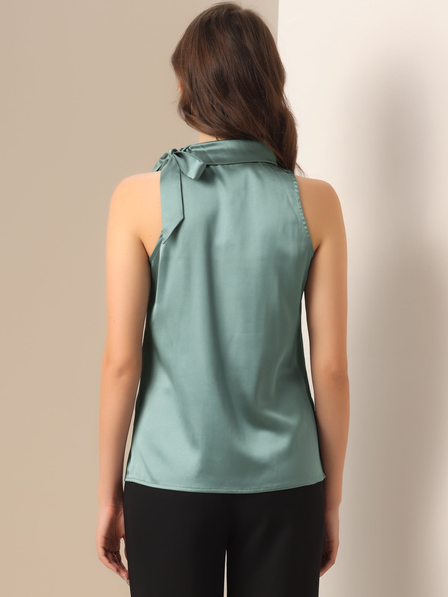 DARING DIVA Bow Tie Neck Solid Work Blouse Top L Pea Green