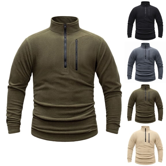 Men's Fleece Pullover Sweatshirt Long Sleeve Lapel Half Zip Solid Color Loose Fit Casual Daily Work Office Streetwear Fashion Essential Gift for Him | JASKFLY,Army Green L