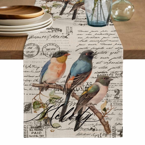 Country Birds Table Runner, Envelope Postmark Vintage Farmhouse Botancial Washable Cotton Linen Table Runners 48 Inches Long, Dresser Scarf Runner for Nightstand/Coffee/End Tables 13''x48''