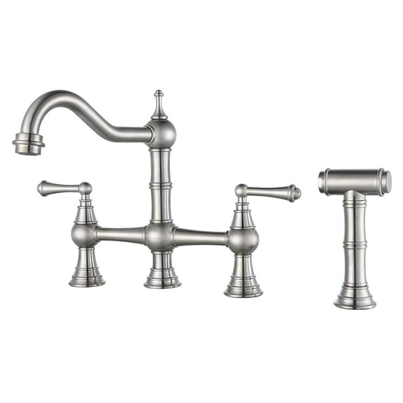 WOWOW Bridge Kitchen Faucet with Brass Side Sprayer Brushed Nickel Kitchen Sink Faucet