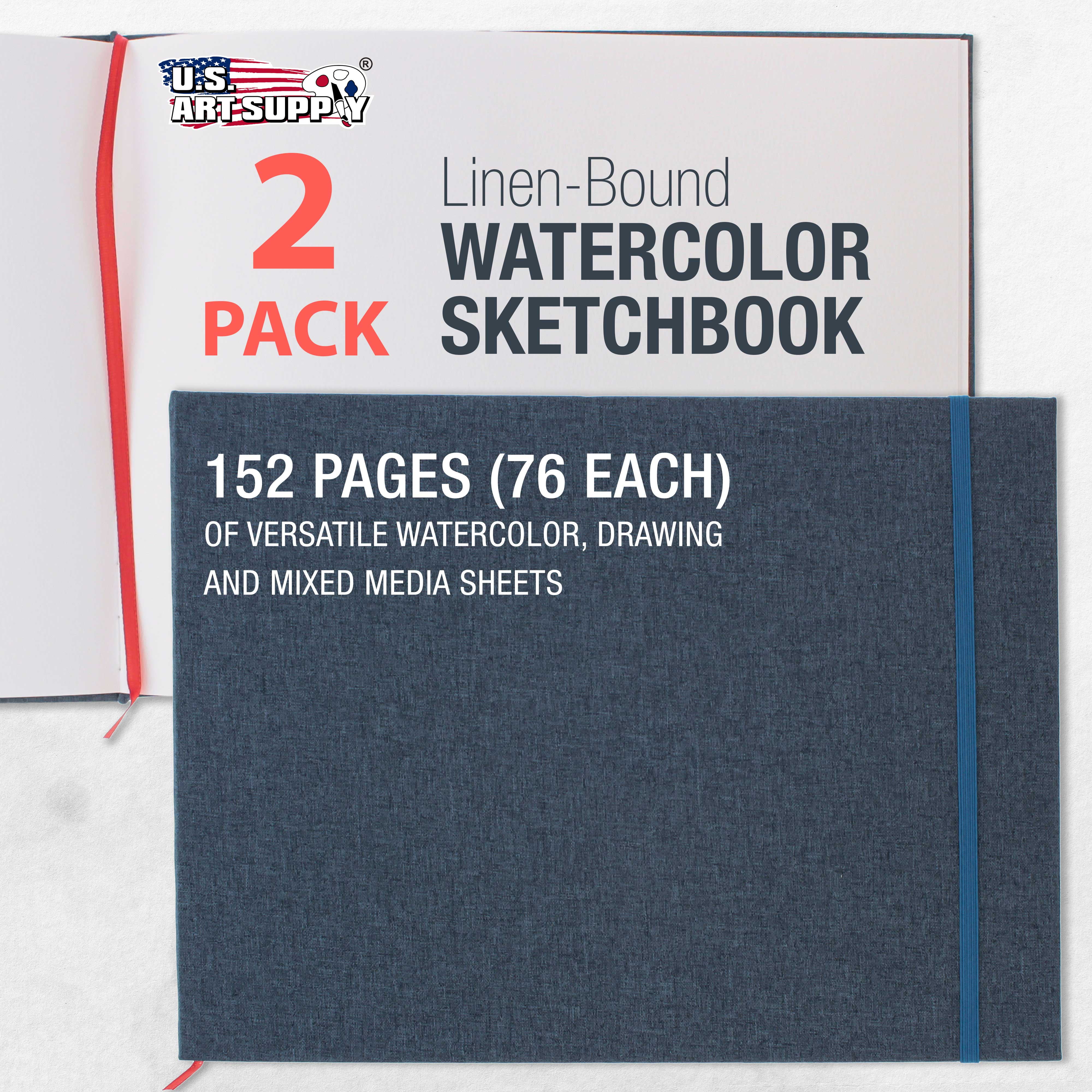 U.S. Art Supply 9" x 12" Watercolor Book, 2 Pack, 76 Sheets, 110 lb (230 gsm) - Linen-Bound Hardcover Artists Paper Pads - Acid-Free, Cold-Pressed, Brush Painting & Drawing Sketchbook Mixed Media