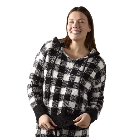 MeMoi Women's Buffalo Check Cozy Knit Drawstring Hoodie - Womens - Female, S-M, Black-Ivory