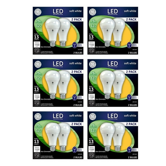 (12 bulbs) GE 65762 LED 75 watt equivalent, Soft White A21 LED Light Bulb, 1100 lumens