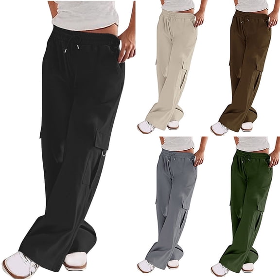 Lovzfmll Women's Cargo Pants, Low Rise Elastic Waist Utility Pants, Straight Leg Loose Fit Hiking Pants with Multiple Pockets, Solid Color Travel Pants