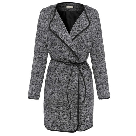 Elecmall Long Sleeve Lapel Wrap Coat Wool Blend Coat With Belt Gary for Women