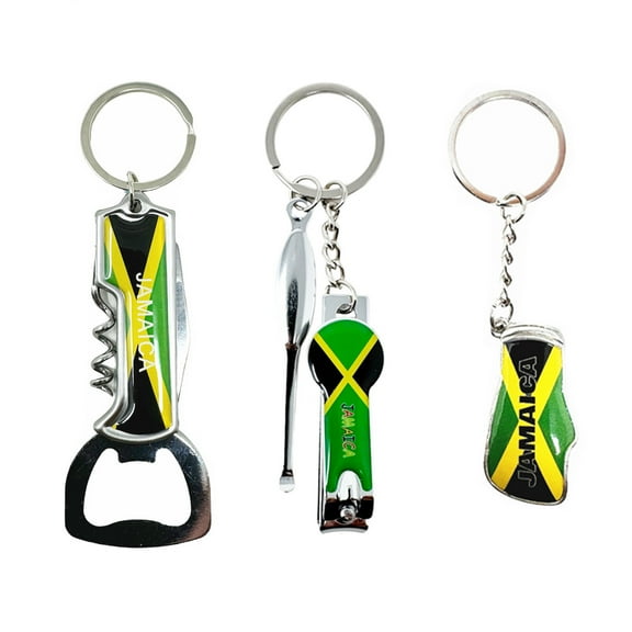 3 Pack Jamaica Keychains Country Metal Keychain, Corkscrew & Blade, Boxing Glove, Nail Clipper, Patriotic Souvenir Keychains, Car Keys, Gift, Bulk