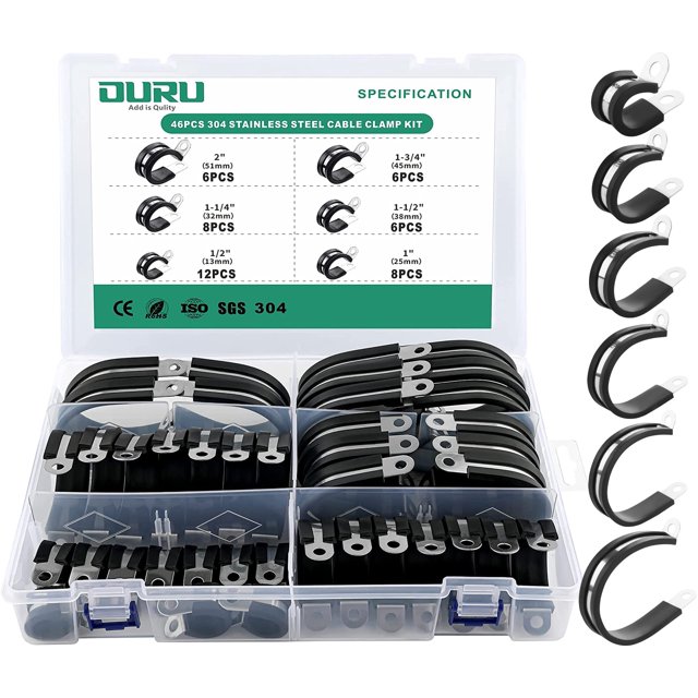 Kit de abrazaderas para cables OURU de 46 piezas, acero inoxidable con recubrimiento de goma