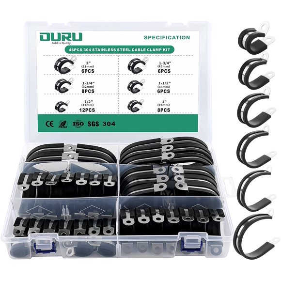 Kit de abrazaderas para cables OURU de 46 piezas, acero inoxidable con recubrimiento de goma