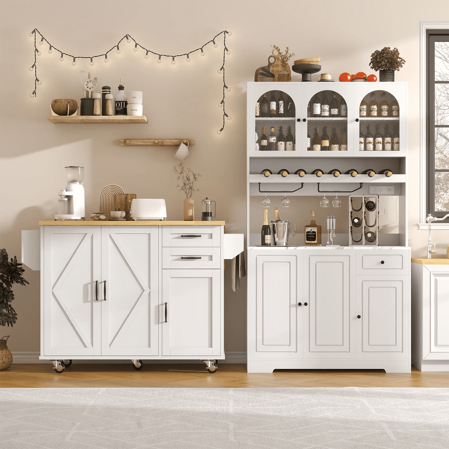 HAUXITIO Kitchen Island Cart with 3 Doors & 2 Drawers, Mobile Cart with Adjustable Shelves & Wood Top,White