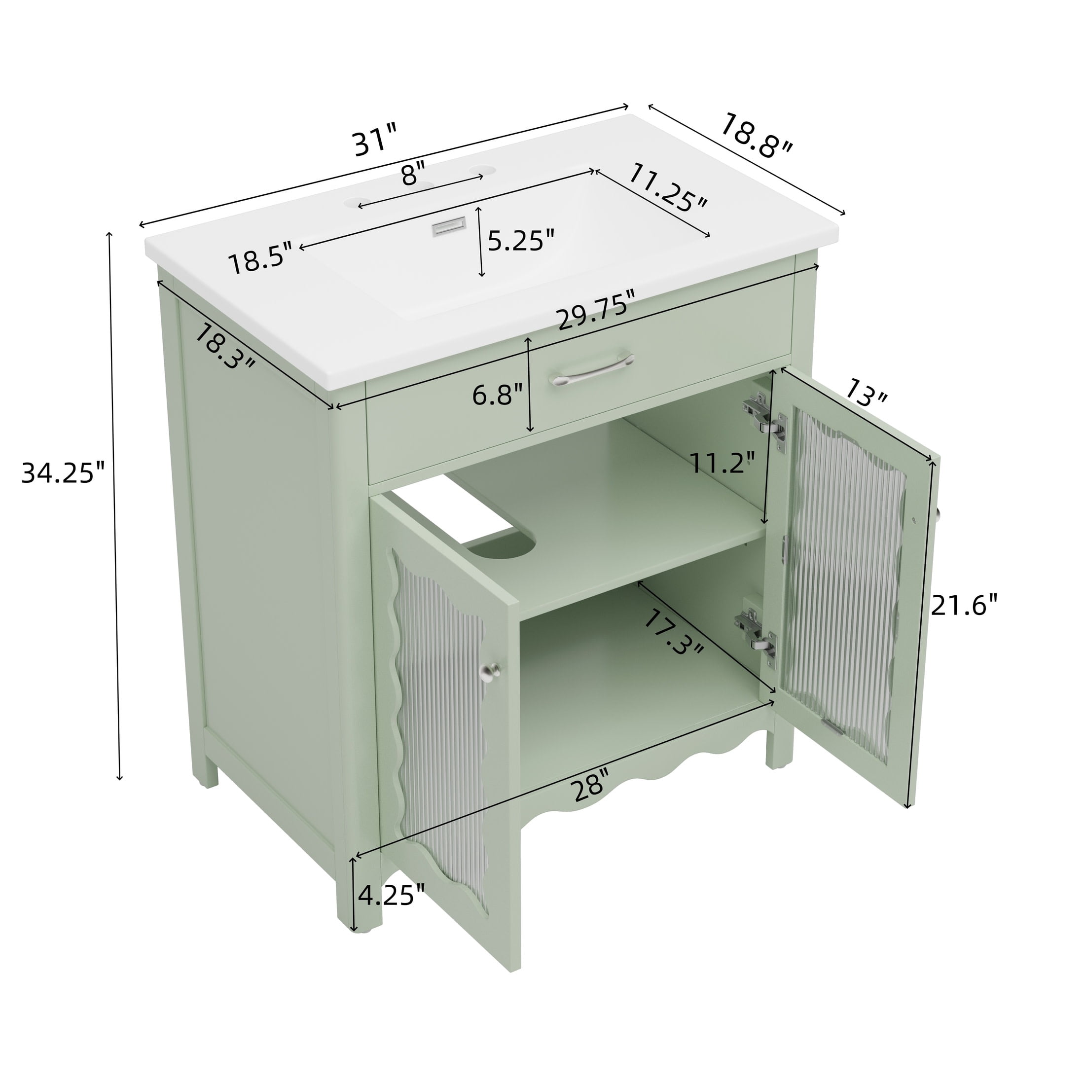 Christopher Knight Home 31" Modern Bathroom Vanity, Tempered Glass Cabinet with Ceramic Sink, Green