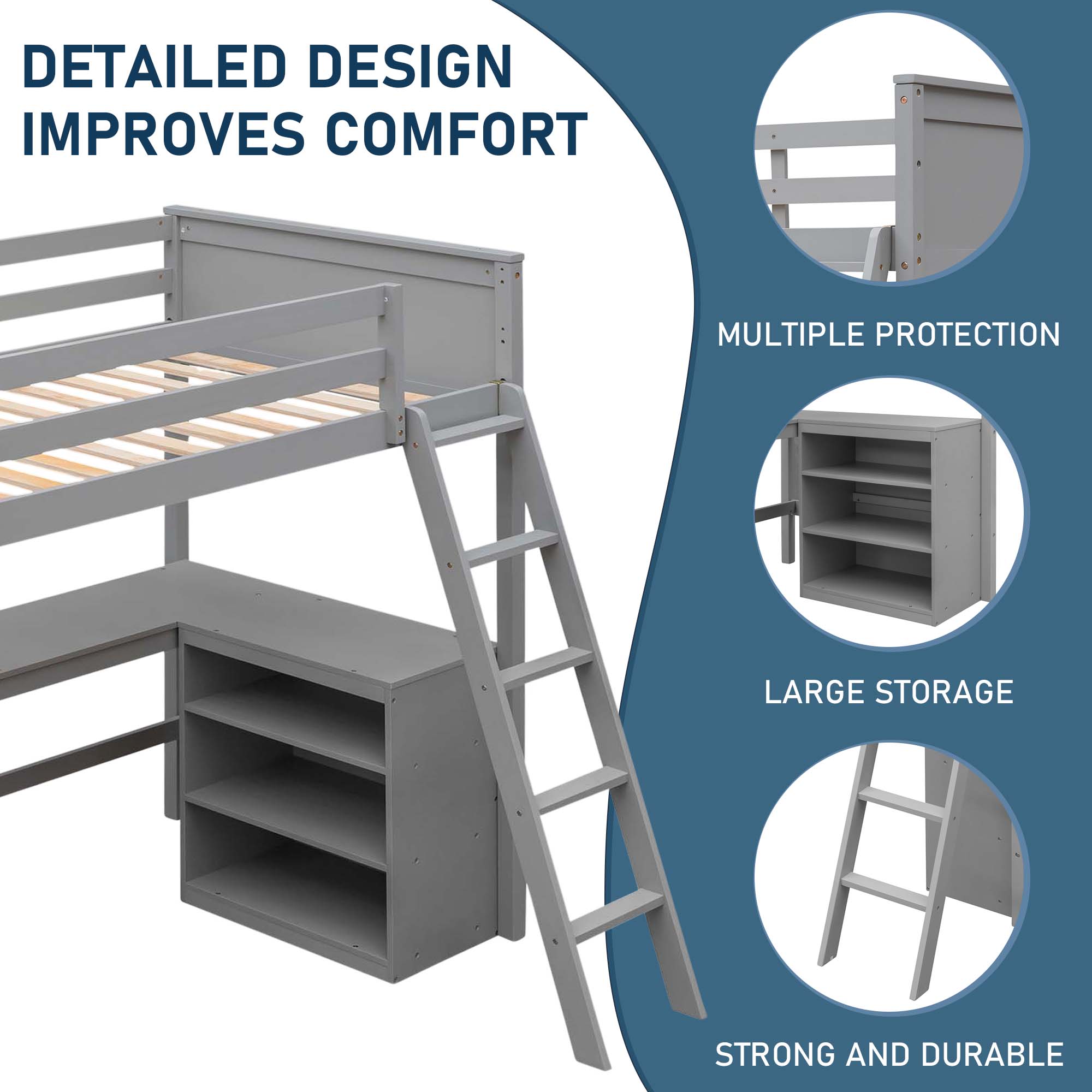Aukfa Full Size Loft Bed with Desk and Shelves, Solid Wood Platform Loft Bed for Kids Teens Dorm - Gray