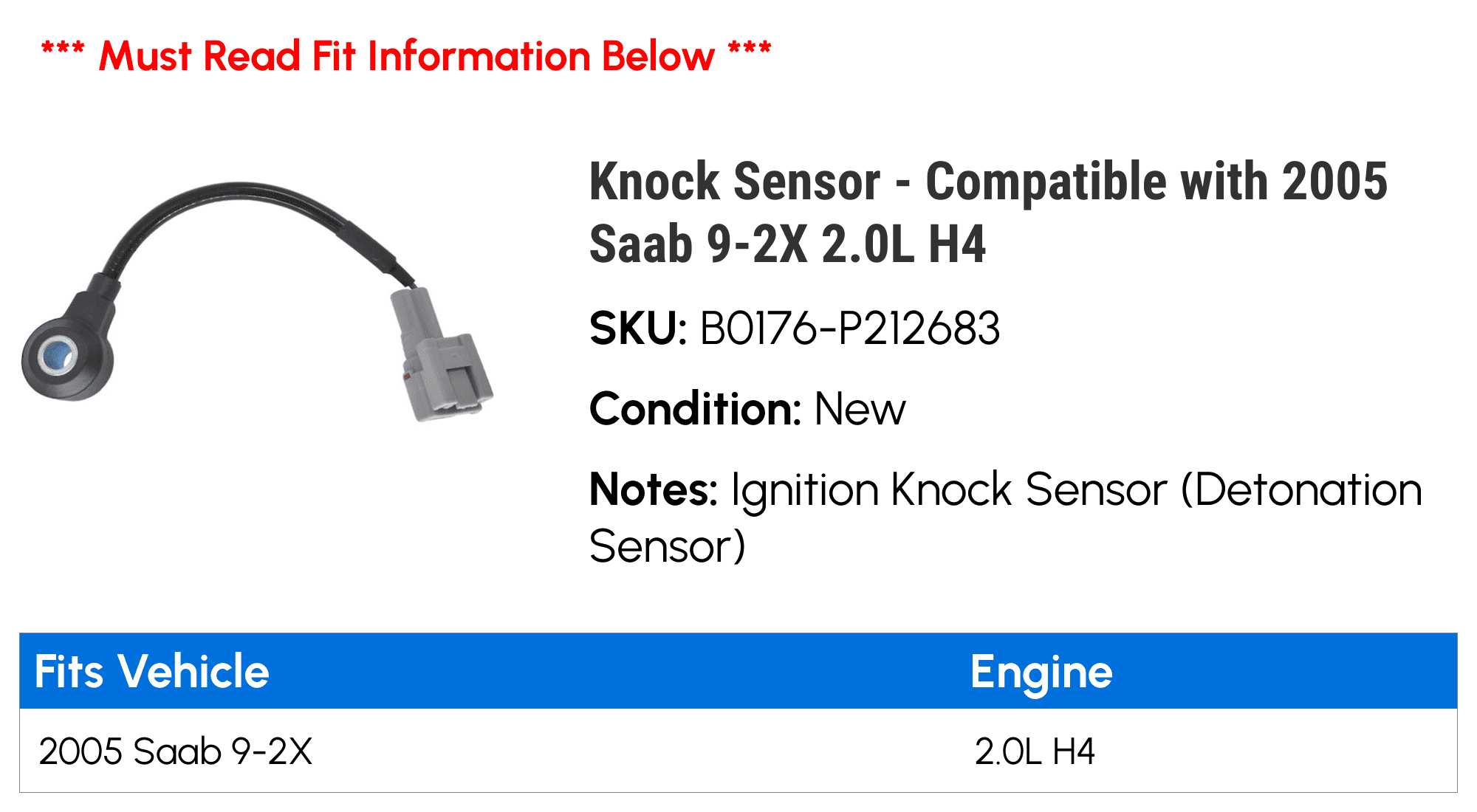 Knock Sensor - Compatible with 2005 Saab 9-2X 2.0L H4