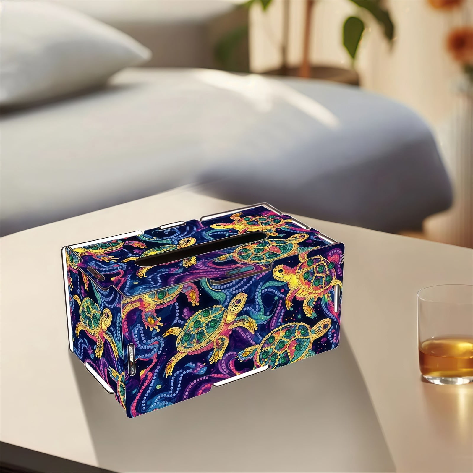 FLOPESN DIY Diamond Art Painting Wooden Assembly Paper Box, 8.86*5.31in, Creative Design Table Decor Rectangular Paper Towel Storage Box-Turtle