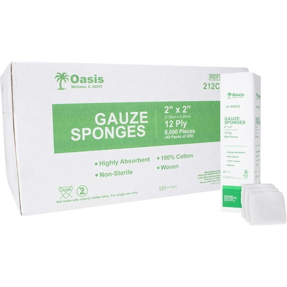 Oasis 2 x 2 inch Gauze Sponges, 100% Cotton, 12-Ply Woven Non-Sterile Gauze, 1 Case of 8000