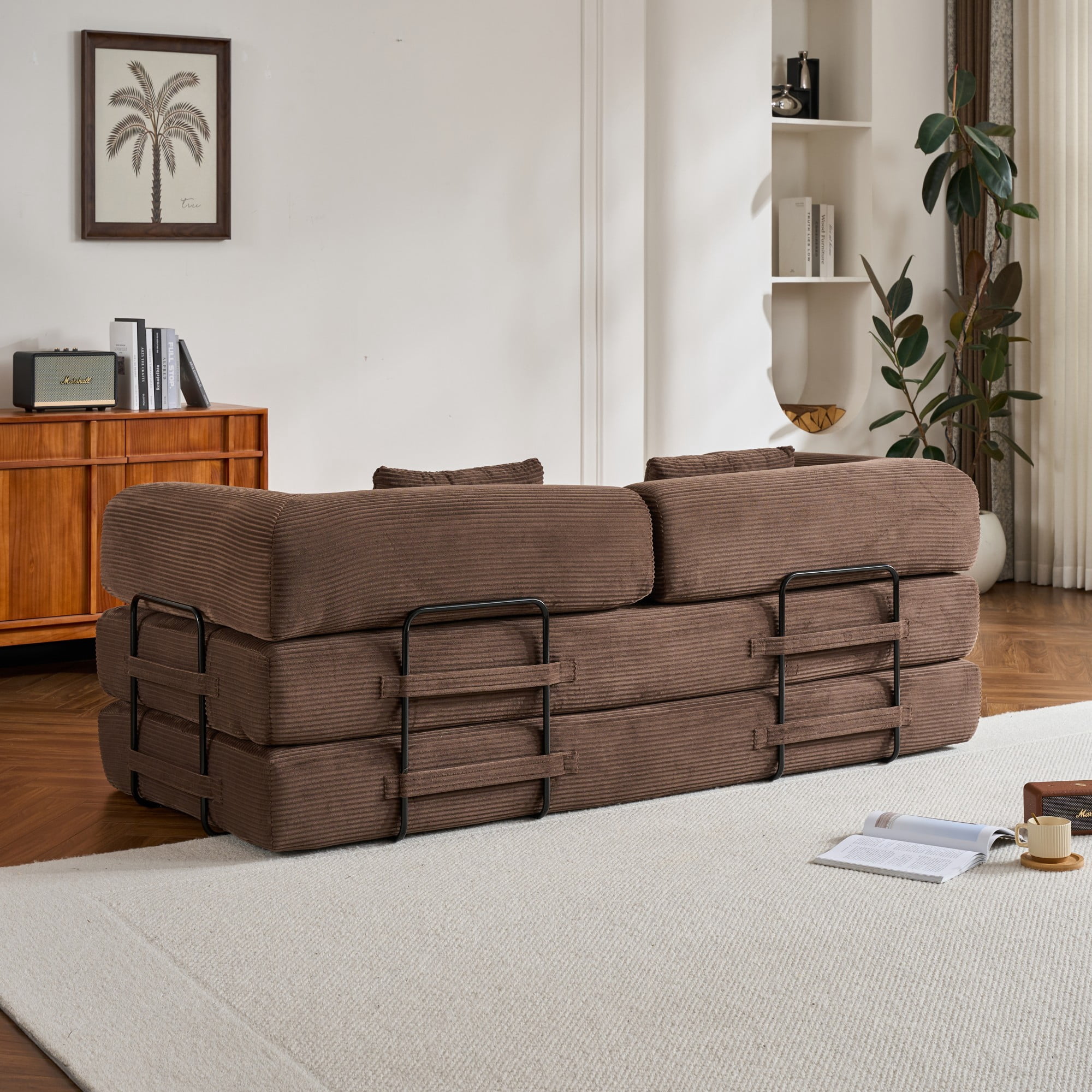 BSHTI 77" Corduroy Convertible Sleeper Sofa Bed with Cylindrical Pillow, No Assembly, Small Space for Living Room（Brown）