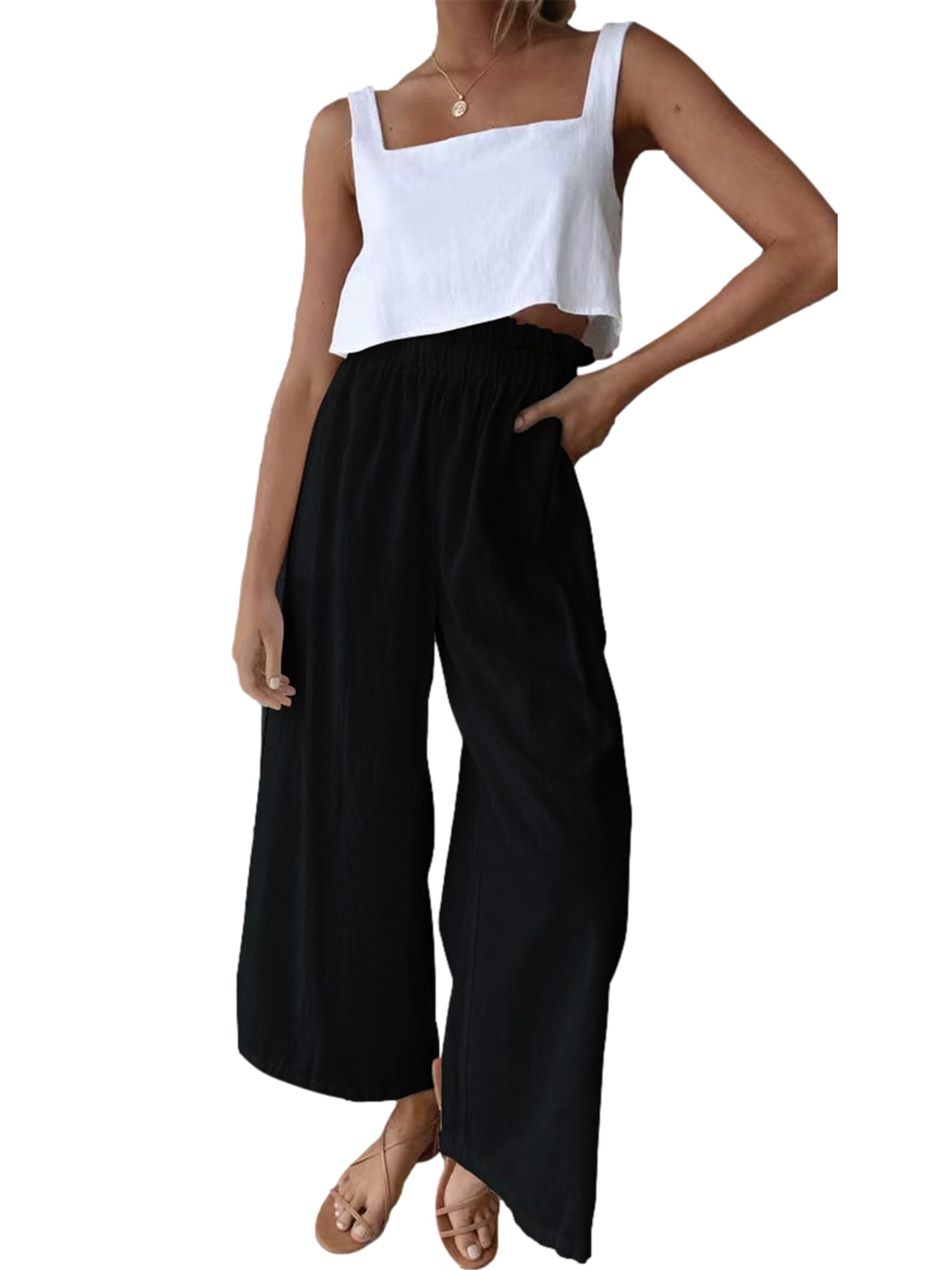 JYYYBF Women High Waist Casual Wide Leg Long Palazzo Pants Stretchy Trousers  with Pockets Black XL - Walmart.com