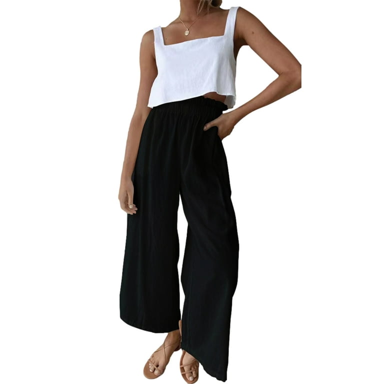 wybzd Women Ruffle Wide Leg Pants Summer High Elastic Waist Capri