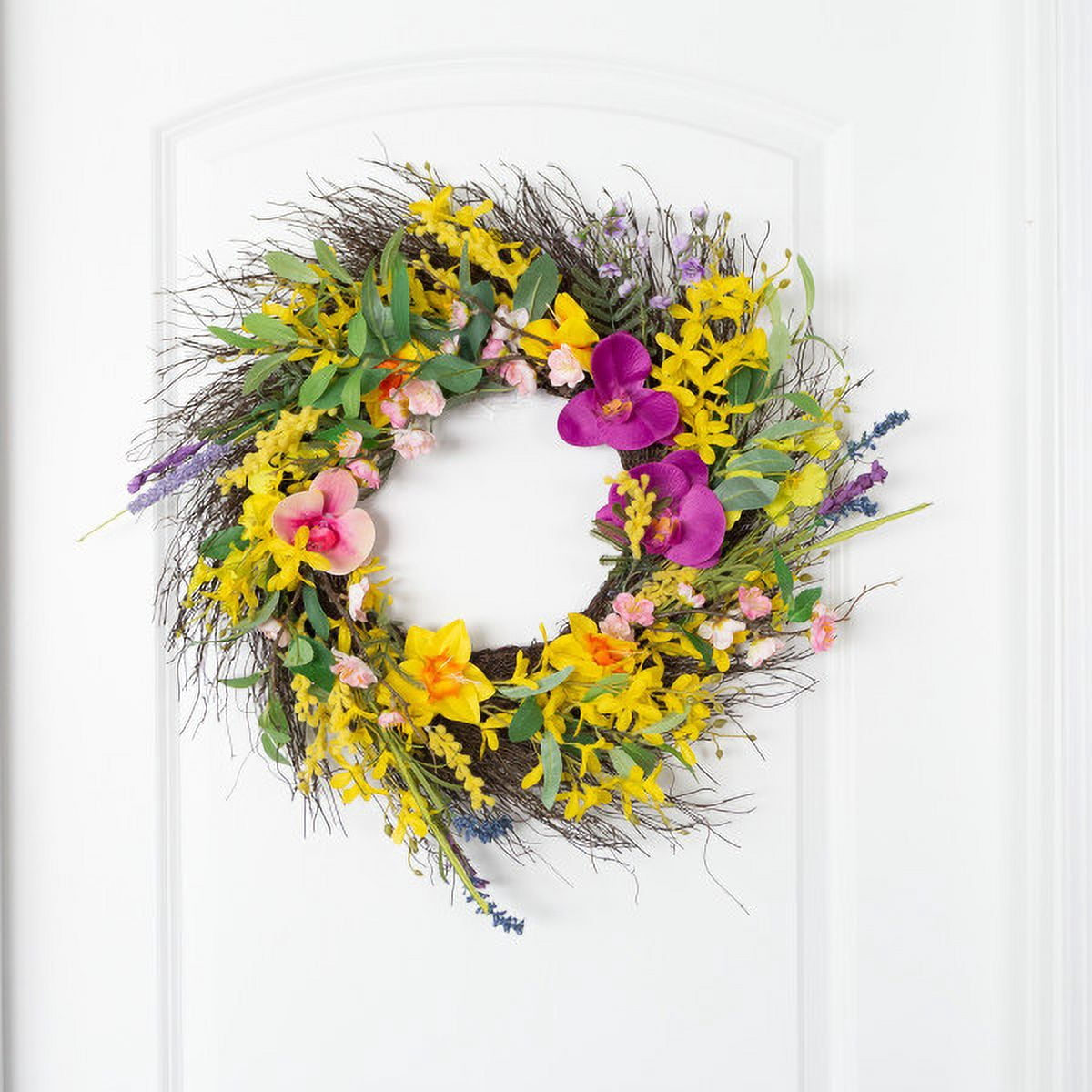 Pure Garden 24-inch Artificial Daisy and Lavender Wreath for Home Decor