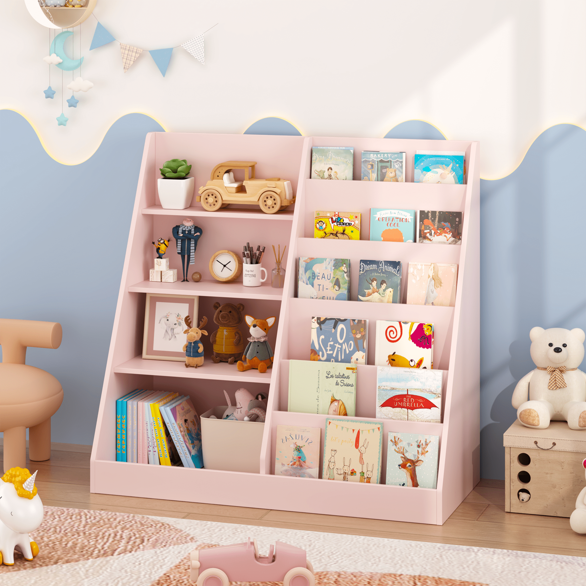 Pink Kids Bookshelf with Toy Storage Bin 2-Tier Display Childrens Room Organizer