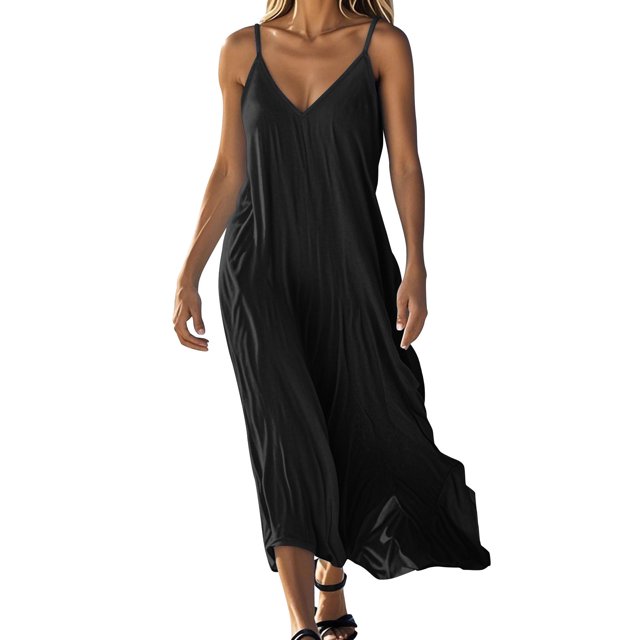 VEKDONE Robe d'Été Sans Manches en Coton et Lin Uni à Col en V pour Femme Jupe Noire TTG