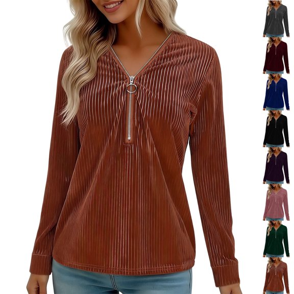 FRSASU Sweatshirts for Women Long Sleeve Half Zipper Pullover Tops Ribbed Solid Casual Fashion Spring Fall Tops Wine