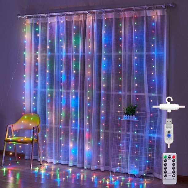 Guirnalda de luces para cortina de ventana, 300 LED, 8 modos, USB, con estrellas, para Navidad y Año Nuevo, iluminación decorativa para habitación, jardín, boda y fiesta (3 x 3 m)