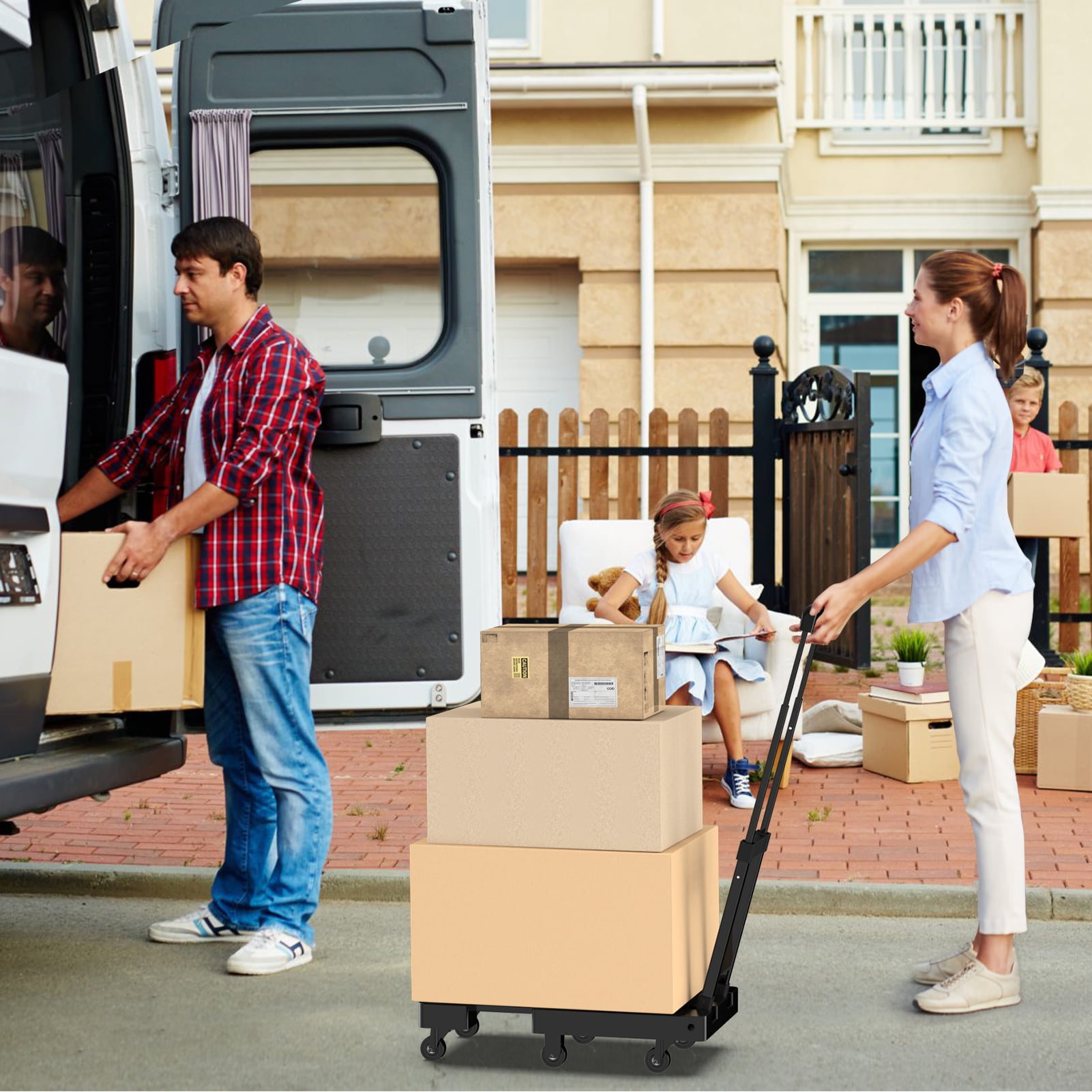 500lbs Folding Hand Truck, Heavy Duty Dolly, Portable 6 Wheels Collapsible Luggage Cart with 2 Elastic Ropes for Moving, Travel, Shopping, House Office Use,Black