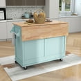 thumbnail image 4 of Kitchen Island Cart with Drop Leaf Rubber Wood, Rolling Kitchen Island with Storage & Sliding Barn Door, Kitchen Island on Wheels with 2 Drawers, Storage Cabinet, Spice Rack, Towel Rack (Mint Green), 4 of 10