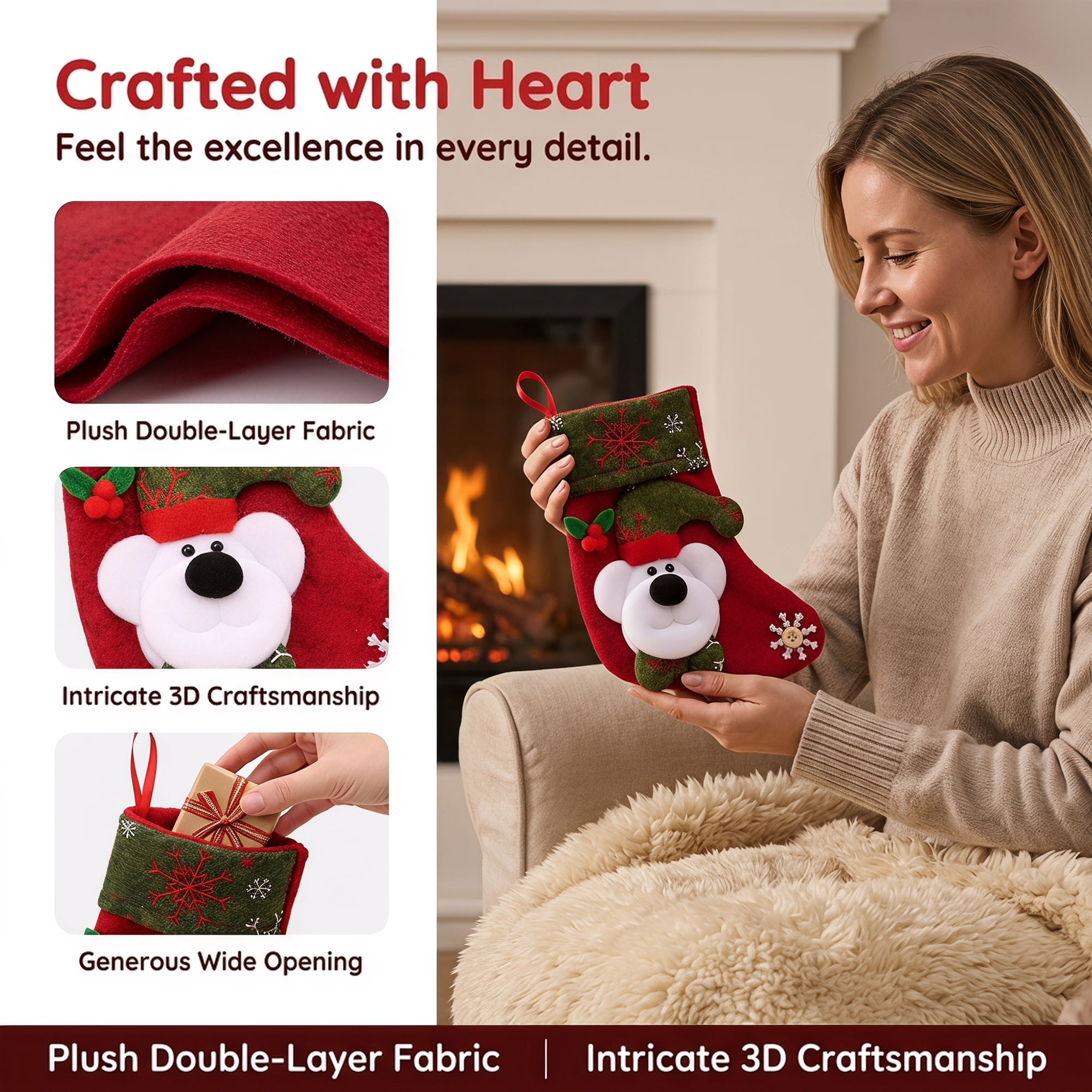 Unique Bargains Braided Knit Christmas Stocking Double Layer Hygge Sock Green Bear 6"