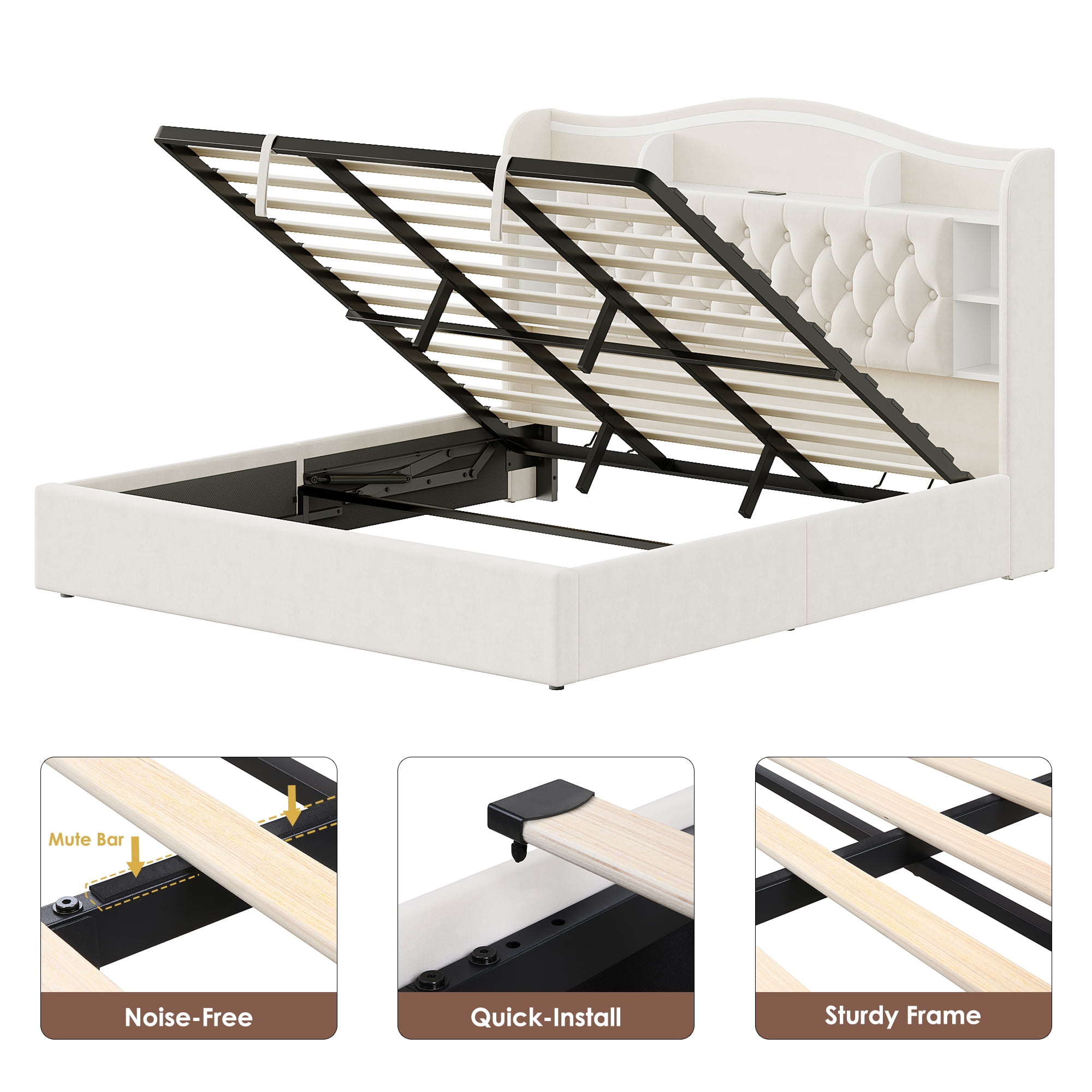 Homfa Queen Size Lift Up Storage Bed, Modern LED Headboard with USB Charging Port, Hydraulic Support,Beige