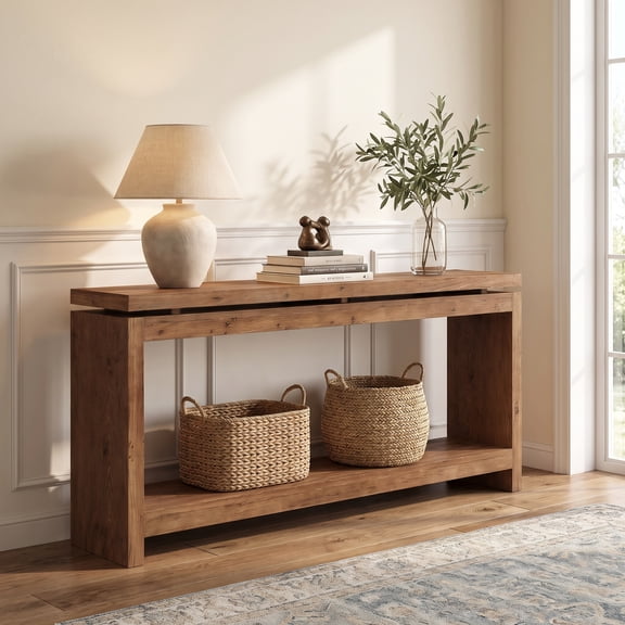 Fnova 62.9 Inch Solid Wood Console Table, Sofa Table, Layered Double Top Frame, Accent Table for Entryway, Hallway, Living Room