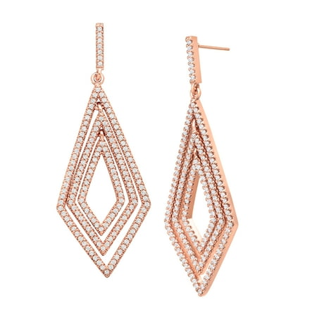 Geometric Drop Earrings with Cubic Zirconia in 14kt Rose Gold-Flashed Brass