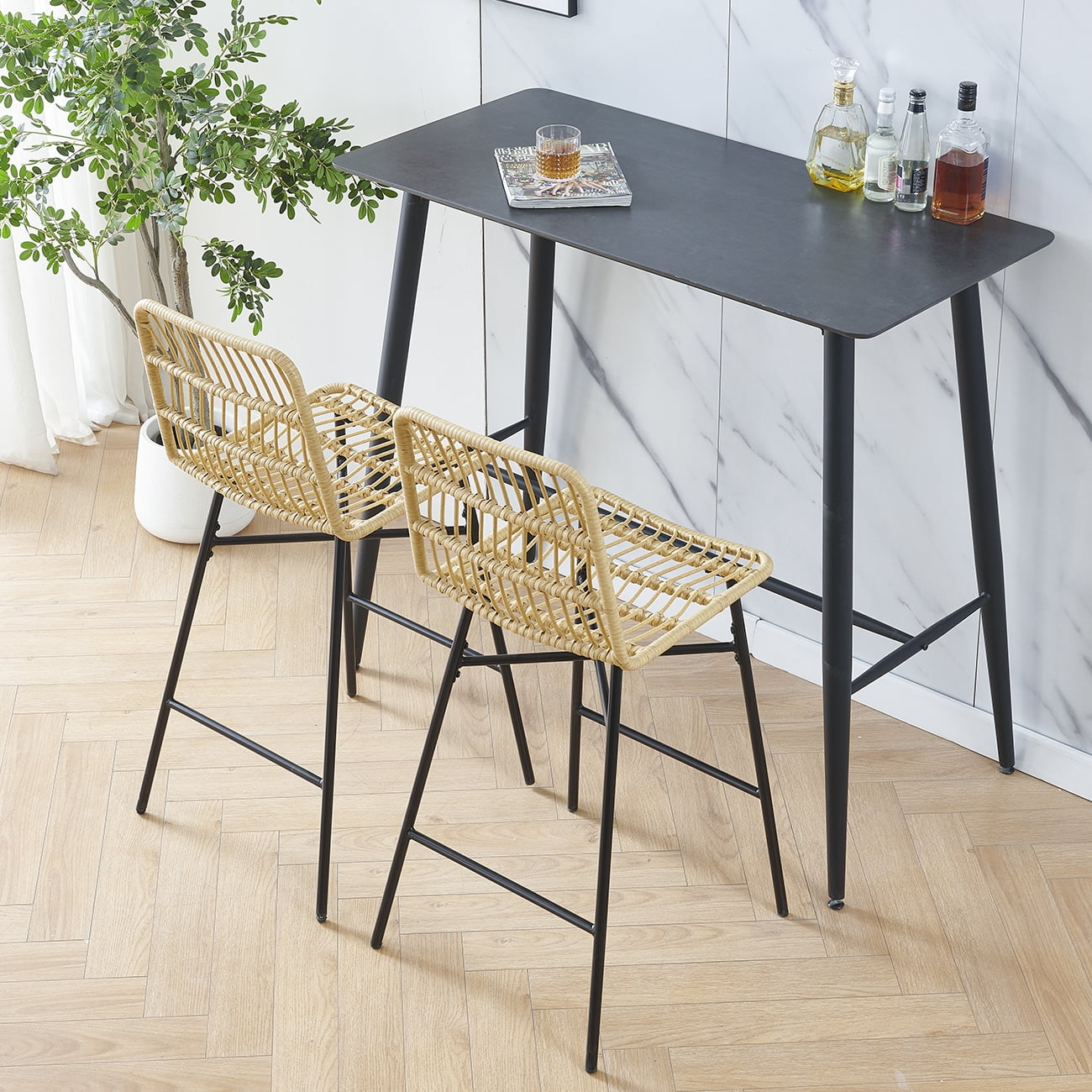 Set of 2 Rattan Wicker Bar Stools Counter Height Kitchen Chairs for