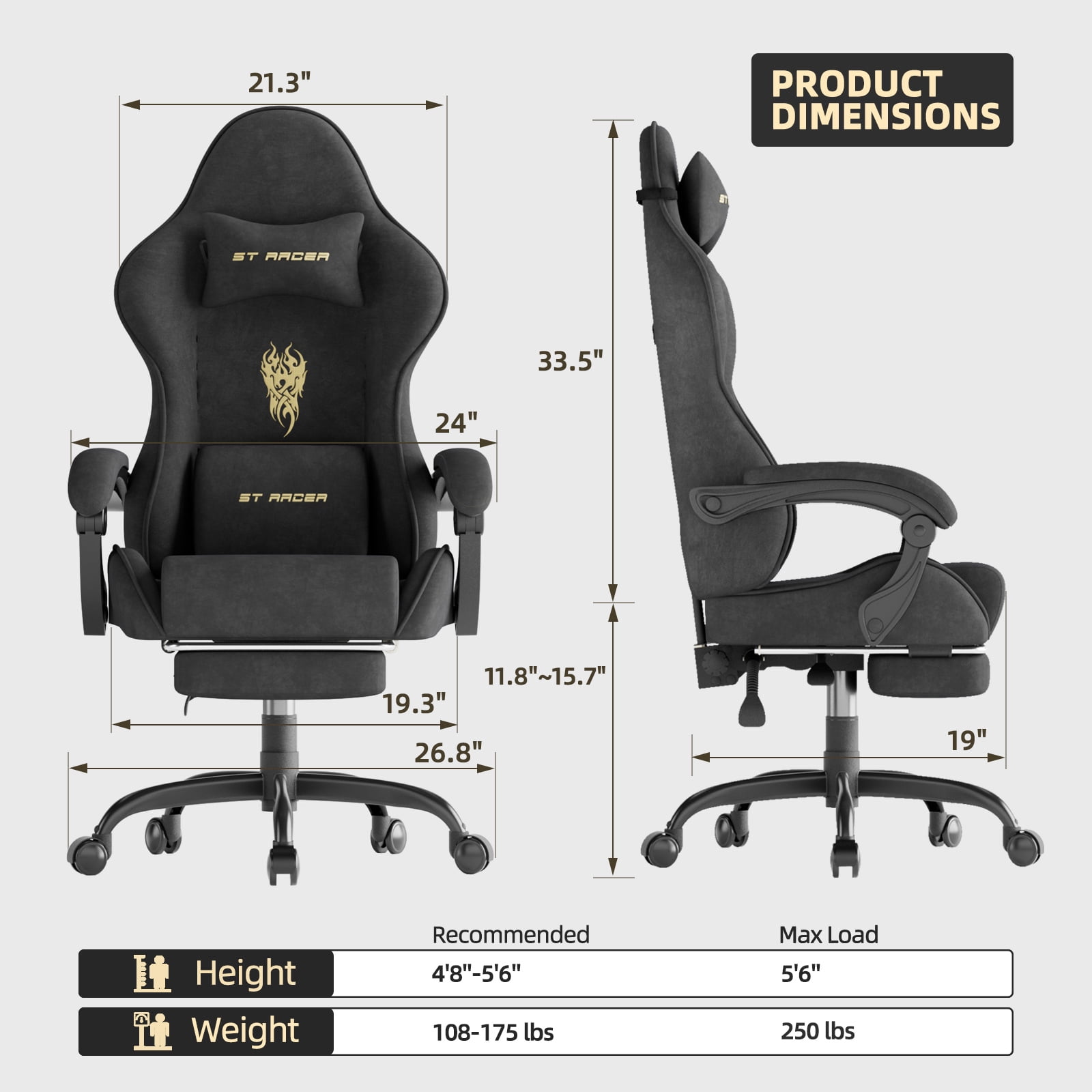 SOONTRANS Velvet Fabric Gaming Chair with Footrest, High Back Ergonomic Gamer Chair for Adult, Comfortable Video Game Chair with Massage Lumbar Cushion, Reclining Office Computer Desk Chair,Black