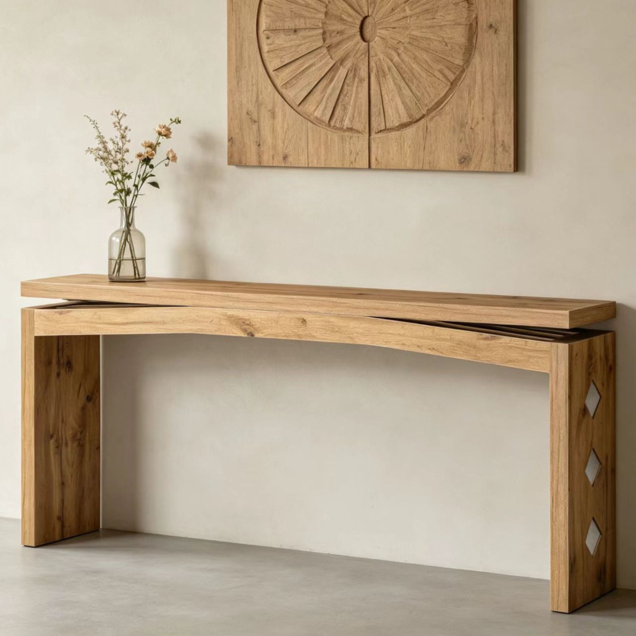 GDF Studio 62.2" Modern Console Table with Curved Apron & Geometric Inlay, Narrow Entryway Design, Natural