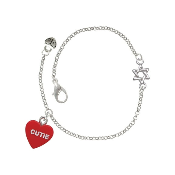 Delight Jewelry Acrylic Red "Too Cute / Cutie" Heart - Silvertone Star of David Delicate Bracelet, 6.25 1.75" Extender