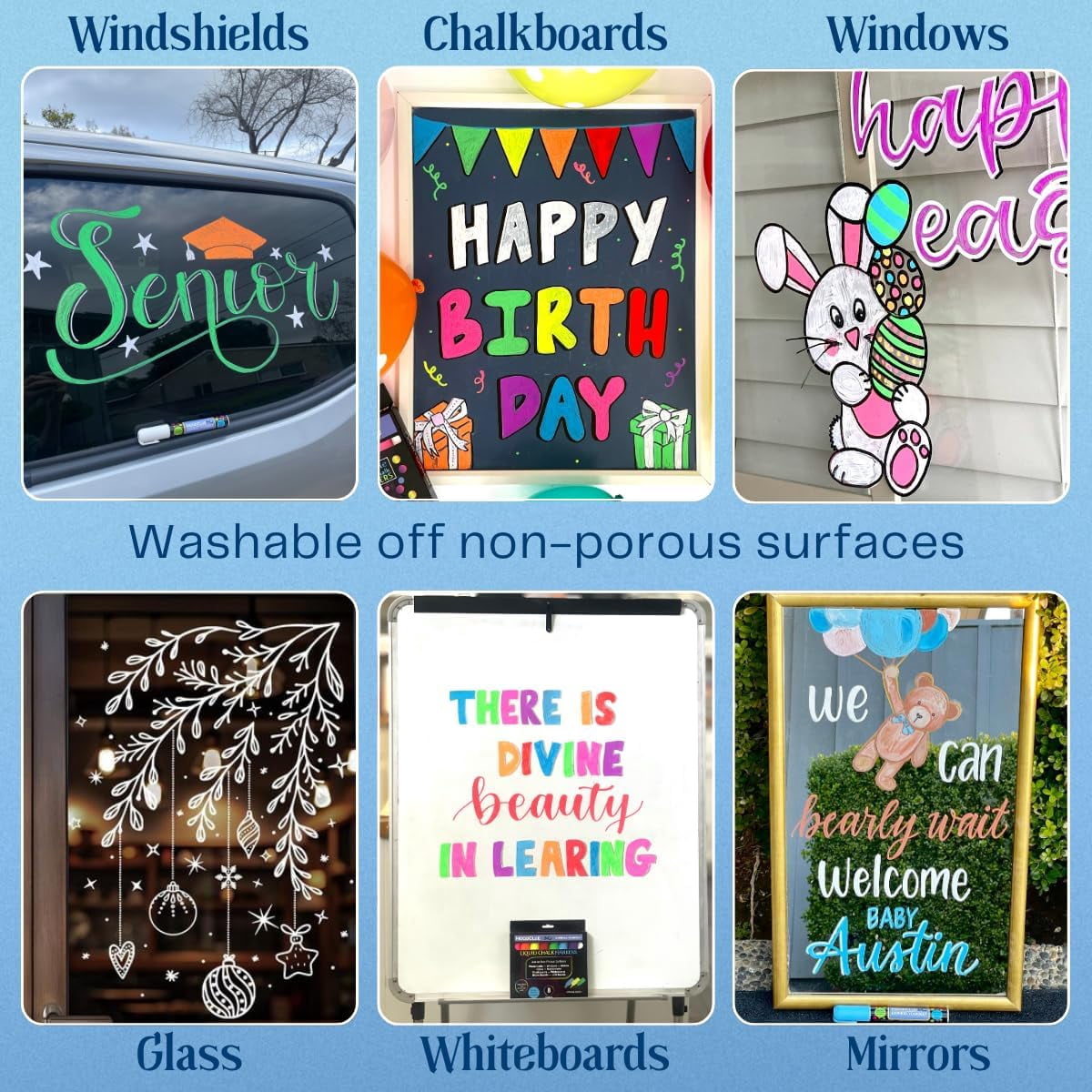 MoodClue Car Window, Glass Marker Pens. Bold Liquid Chalk for Auto Windshields, Mirrors, White + LED Boards. Washable, Erasable. Neon 8pk. 10mm Jumbo Tip - 3 Writing Options.