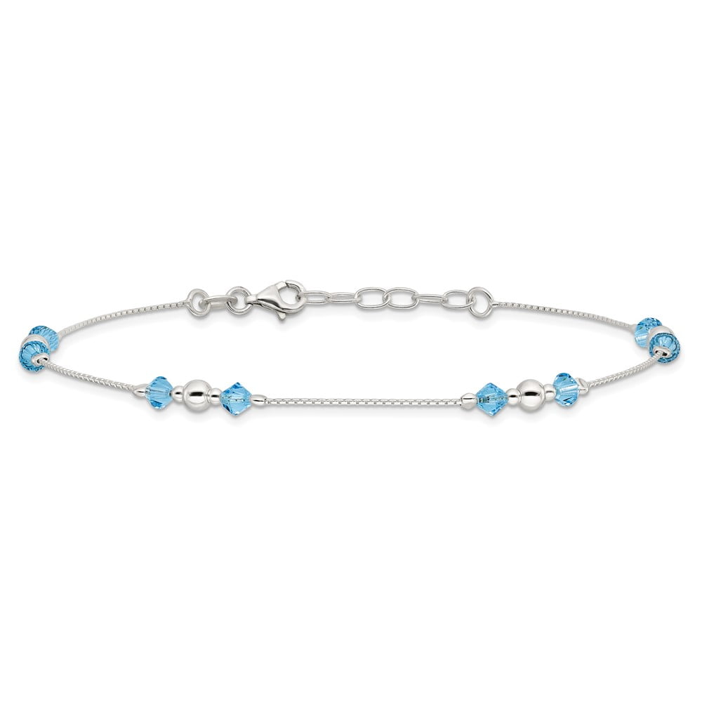 Sterling Silver Polished CZ and Bead 10in Plus 1in ext. Anklet