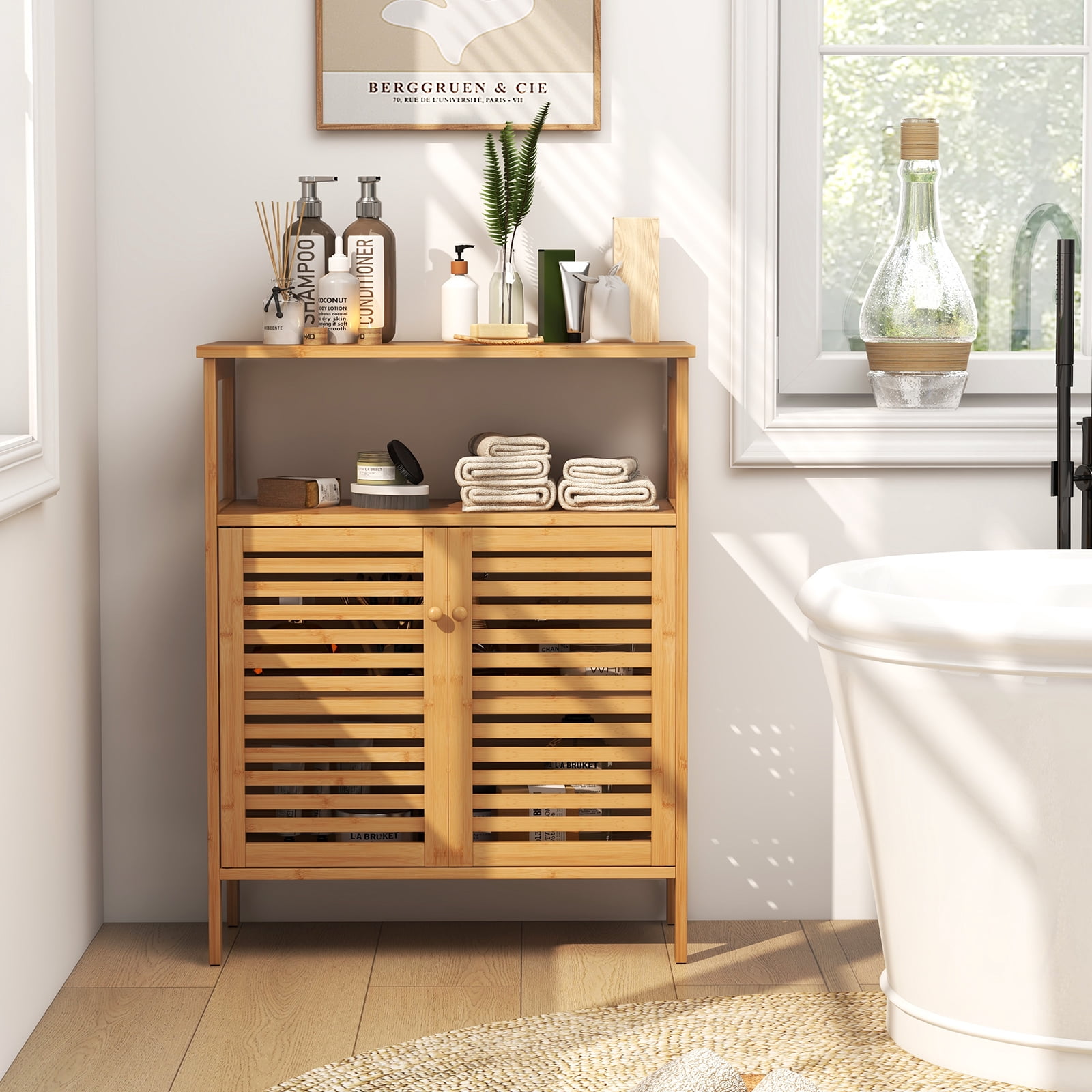 Giantex Bamboo Bathroom Cabinet, Storage Organizer w/Double Louvered Doors, Freestanding Floor Cabinet for Entryway, Kitchen